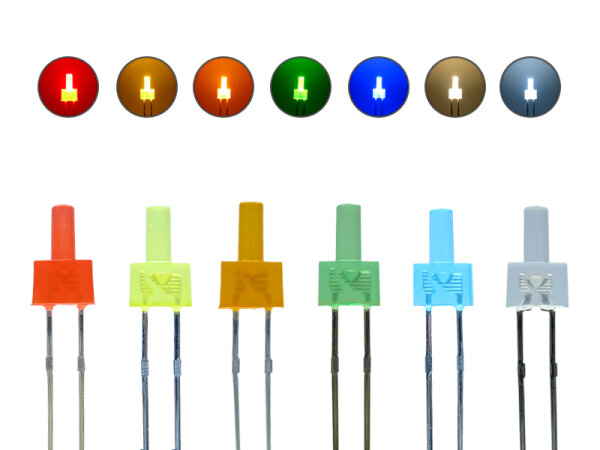 LED 2 mm blau, farbiger Lichtkörper diffus  20 mA  ca. 3,1 Volt je nach Bauart oder Hersteller.